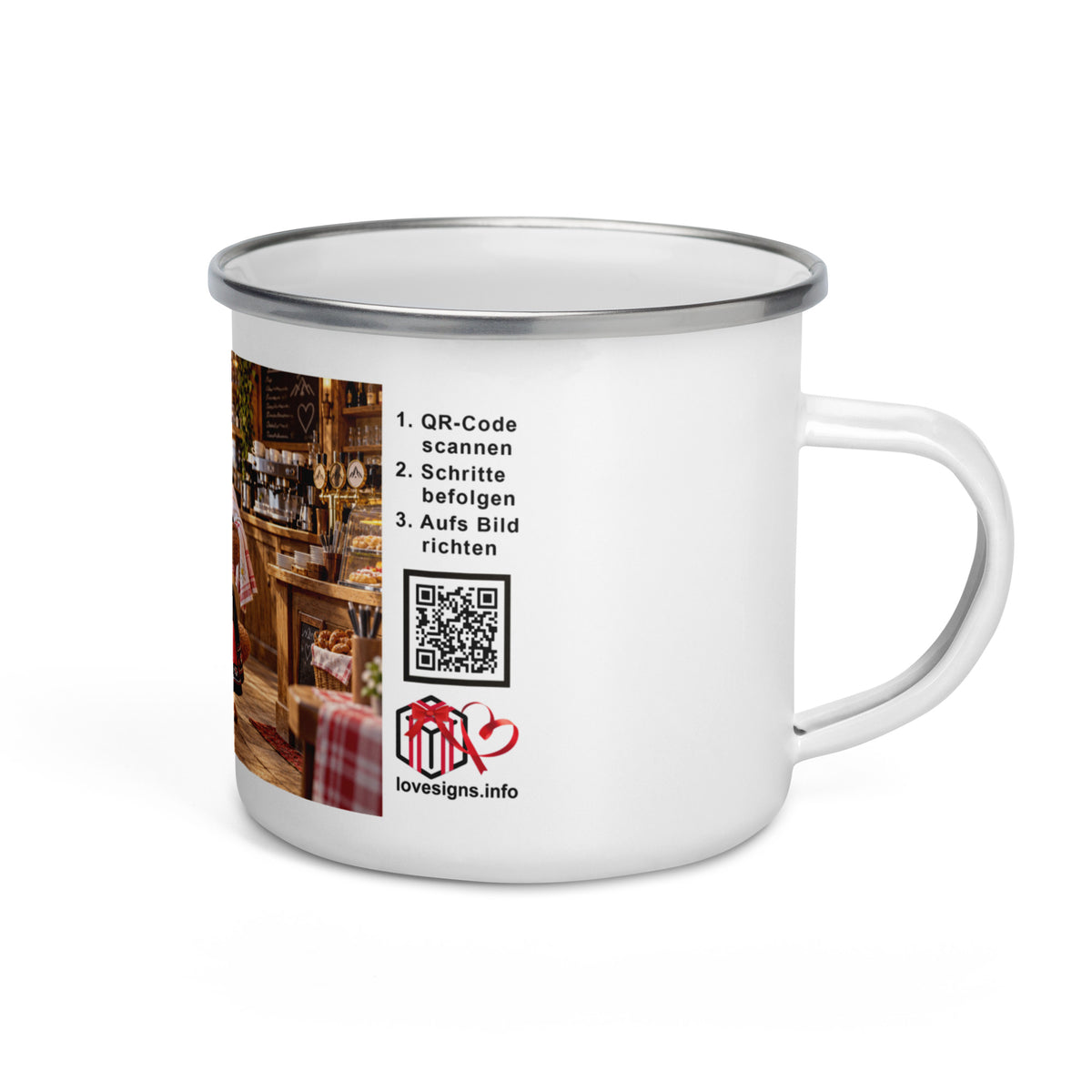 Murmari AR-Emaille-Tasse Kellnerin mit QR-Code