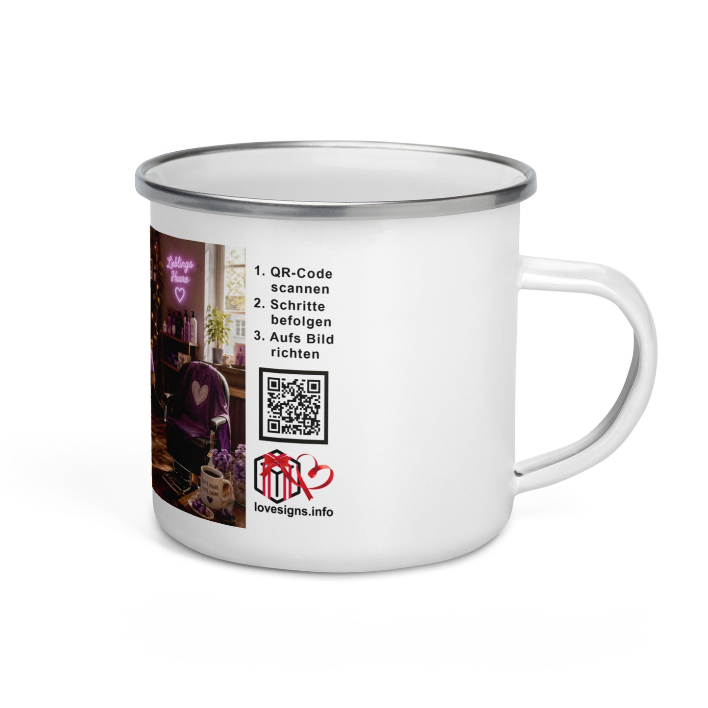 Murmari Friseurin AR-Emaille-Tasse mit QR-Code