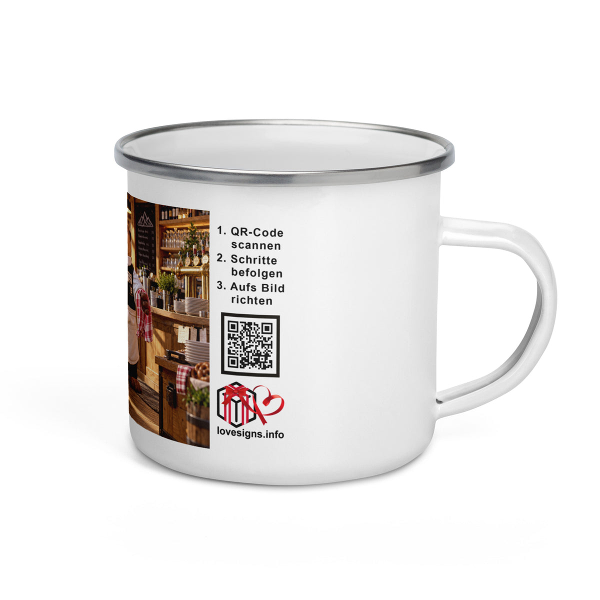 Murmari AR-Emaille-Tasse Kellner mit QR-Code