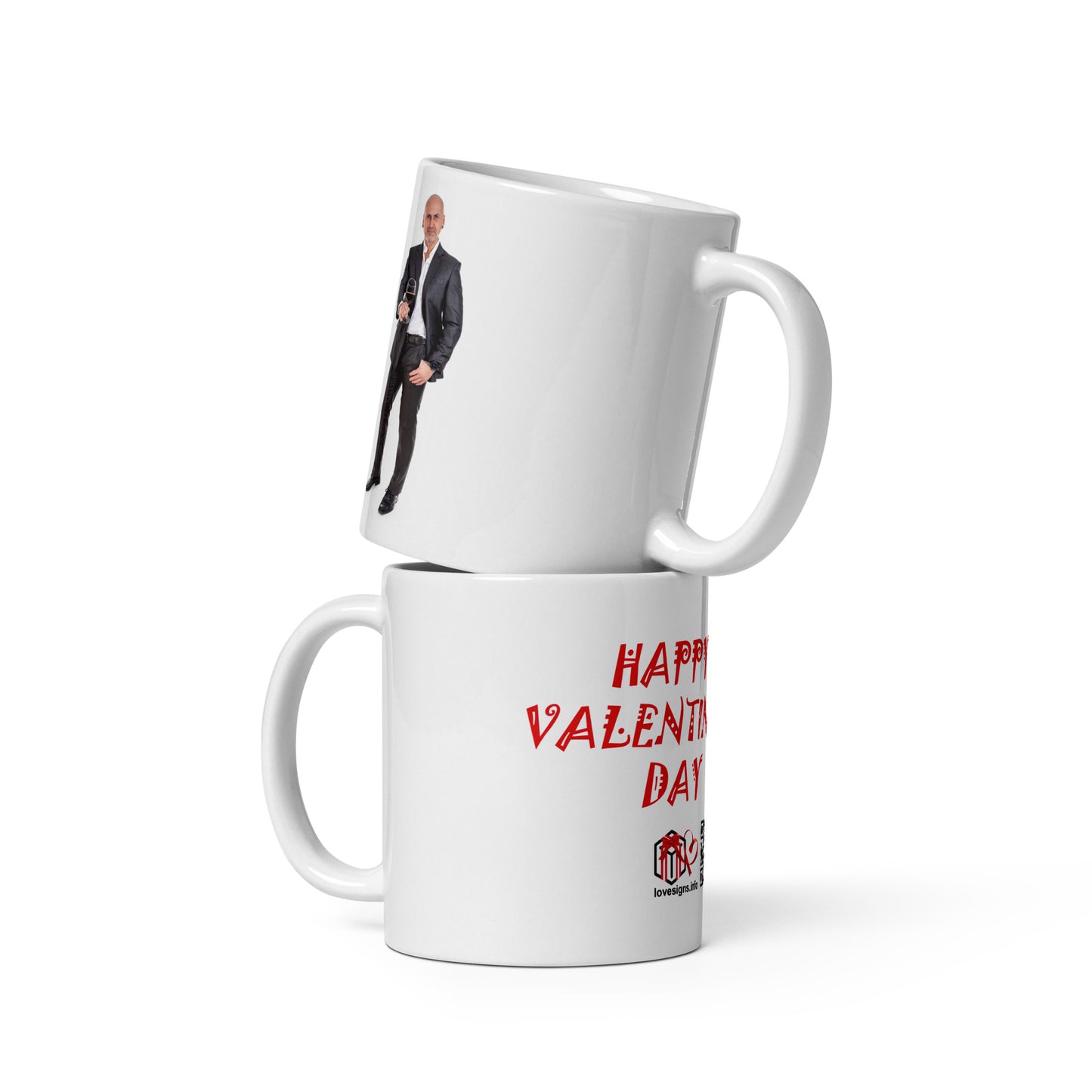 Weiße, glänzende Tasse „Valentinstag“ Mann 1 (Erotik)