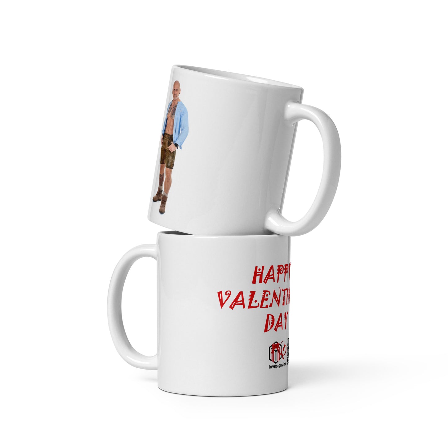 Weiße, glänzende Tasse „Valentinstag“ Mann 2 (Erotik)