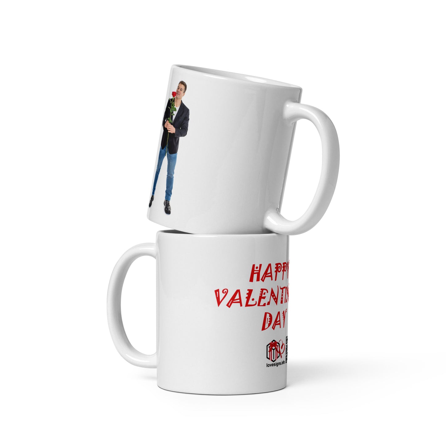 Weiße, glänzende Tasse „Valentinstag“ Mann 3 (Erotik)