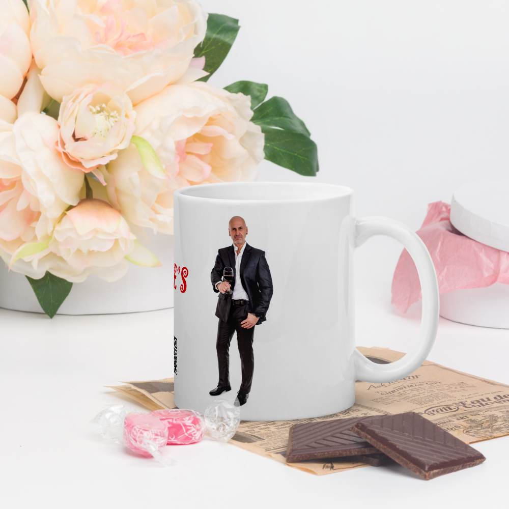 Weiße, glänzende Tasse „Valentinstag“ Mann 1 (Erotik)