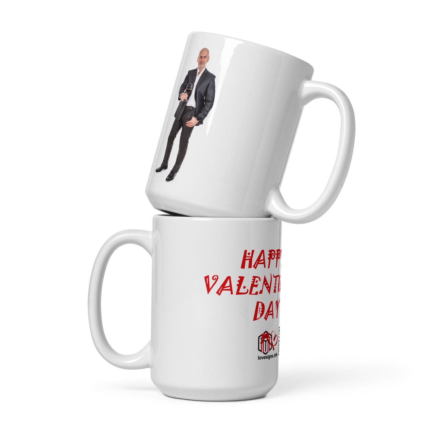 Weiße, glänzende Tasse „Valentinstag“ Mann 1 (Erotik)