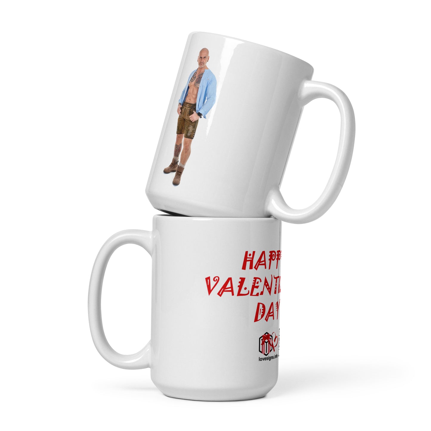 Weiße, glänzende Tasse „Valentinstag“ Mann 2 (Erotik)