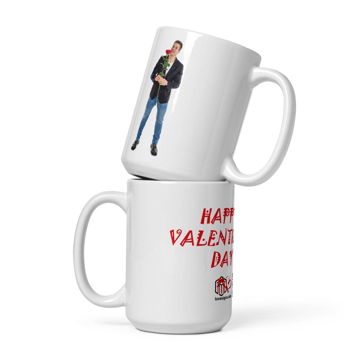 Weiße, glänzende Tasse „Valentinstag“ Mann 3 (Erotik)