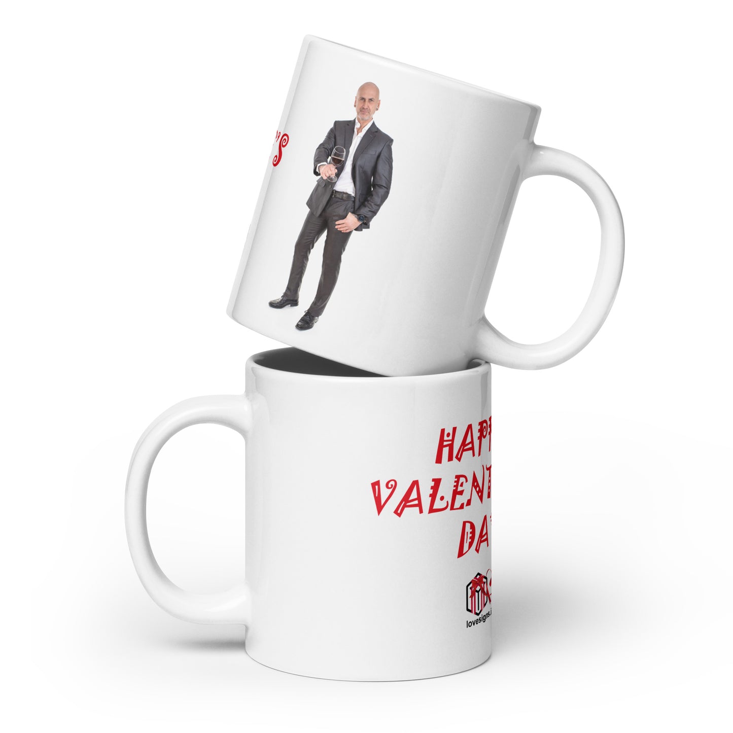 Weiße, glänzende Tasse „Valentinstag“ Mann 1 (Erotik)