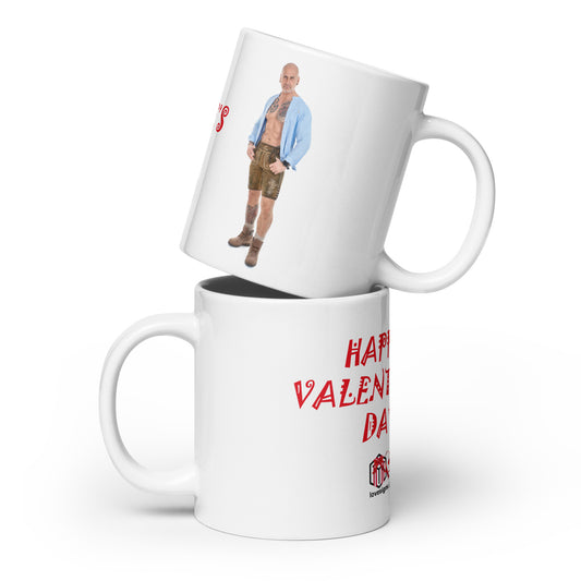 Weiße, glänzende Tasse „Valentinstag“ Mann 2 (Erotik)